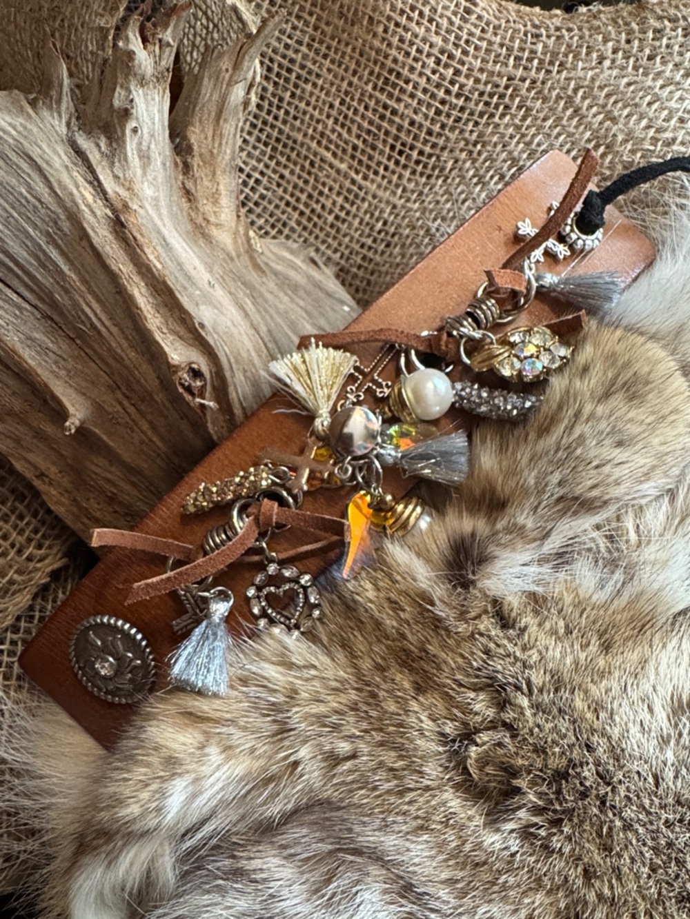 OOAK Boho Tassel Charm Bling Brown Leather Bracelet